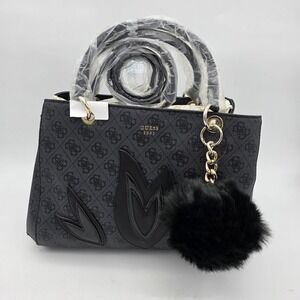 NEW GUESS Women's Jaden Gray Coal Print Logo Floral Detail Satchel Handbag Purse